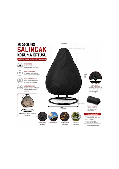 2 Kişilik Salıncak Koruma Örtüsü 230x130x130 Cm Su Geçirmez Bahçe Salıncağı Kılıfı Siyah