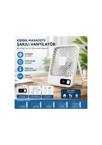Masaüstü Şarjlı Fan 5 Hız Kademeli Ultra Ince Led Şarj Göstergeli Asılabilir Vantilatör Serinletici Mini Klima