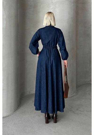 Olcay Beli Büzgülü Çıt Çıt Kapamalı Denim Elbise Koyu Mavi 9249-e