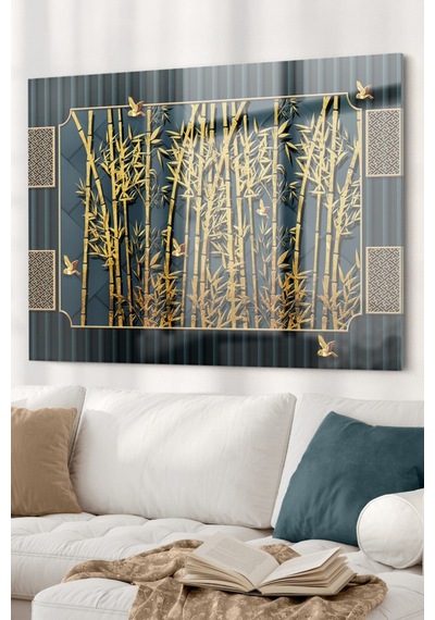 Gold Detaylı Ağaç Dalları Ve Kuş Doğa Temalı Cam Tablo 50x70 Cm
