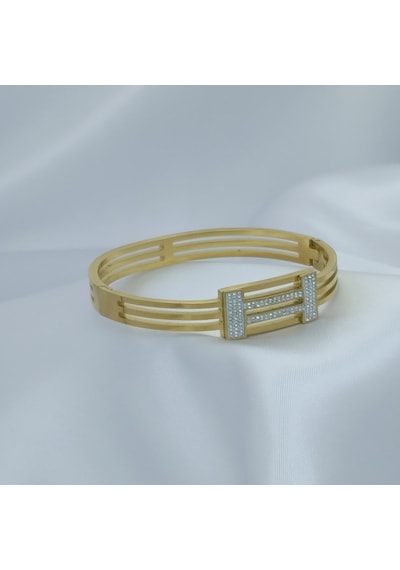 Yeni Sezon Vip Özel Seri Paslanmaz Çelik Altın Kaplama Taşlı Kelepçe Kadın Bileklik Gold