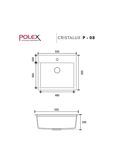 Polex Cristalüx Granit Evye P-08 Gri Tezgah Altı Ve Tezgah Üstü Kare Mutfak Evyesi 55.5x50 CM