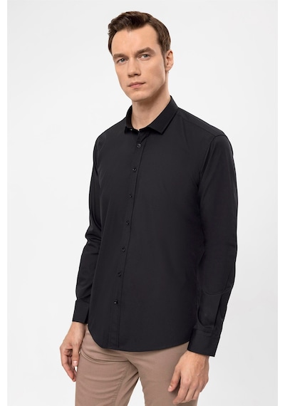 Süvari Siyah Slim Fit Düz Klasik Yaka Gömlek