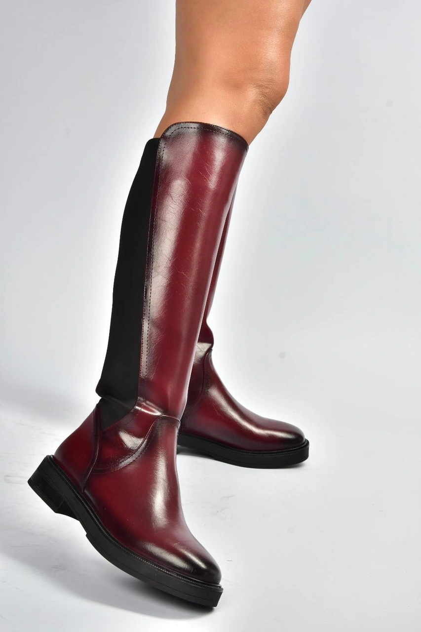 Fox Shoes V312212360 Bordo Rustik Arkası Lastik Detaylı Kadın Çizme Bordo-rustik