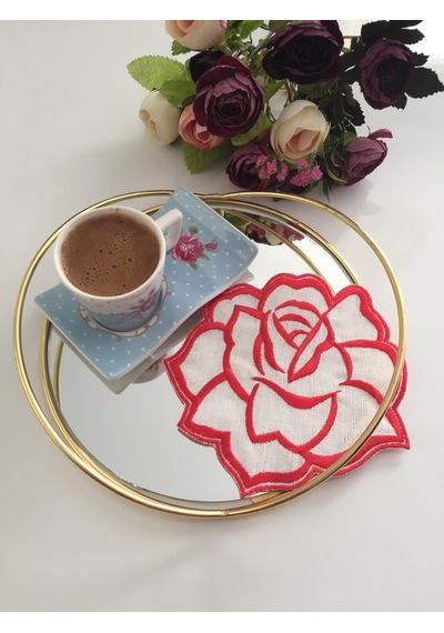 Gül Desenli Nakış İşlemeli Kahve Yanı Peçetesi