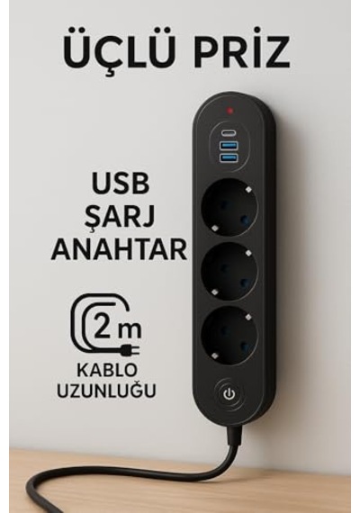 3 Lü Priz 2 Usb-a + 1 Usb-c Termal Akım Korumalı, 2500w Güç, Aç/kapa Anahtarlı, Isıya Dayanıklı