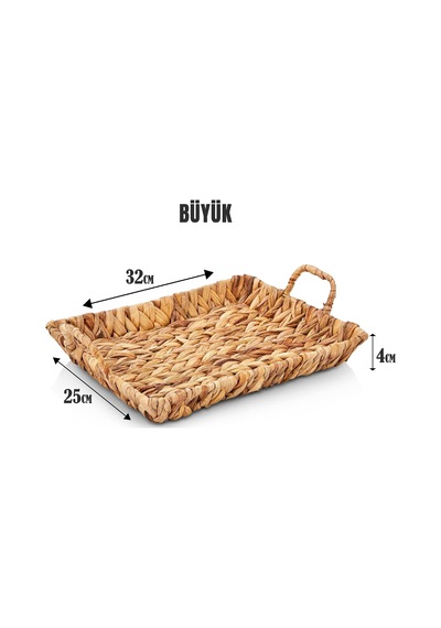 El Yapımı Su Sümbülü Hasır Kulplu Dekoratif Tepsi Büyük Boy 32cm 25cm 4cm