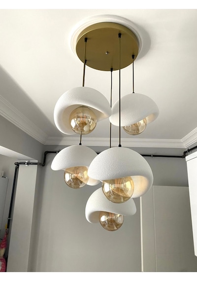 Modern 5'li Avize Beton Dokulu - Salon Ve Oturma Odası İçin Şık Tasarım Rustik Ampul Hediyeli Eskitme - Gold