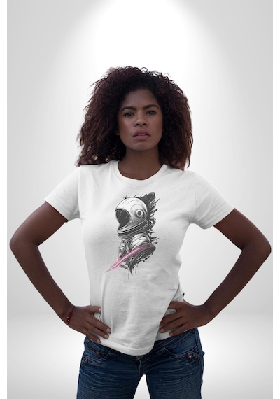 Astronot Kafası Unisex Unisex Beyaz Organik Baskılı T-shirt Penye Yüksek Kalite Beyaz