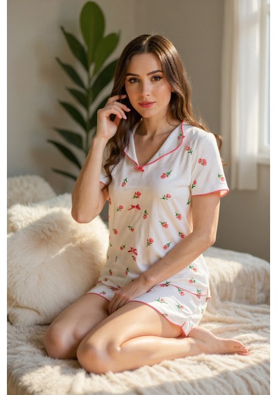 Bella Notte Ekru Çiçek Baskılı Pamuklu Şortlu Pijama Takımı