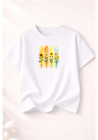 Herkesemoda Ayçiçek Demeti Baskılı Kadın Bisiklet Yaka Pamuklu T-shirt Beyaz