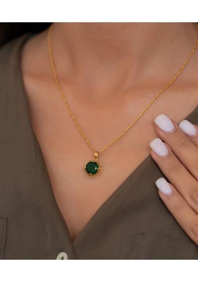 Bayar Gold 14 Ayar Altın Yeşil Taşlı Telkari Kolye Sarı Altın