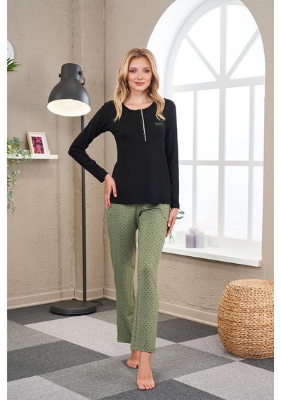 PJS 23521 Kadın Patlı Puanlı Pijama Takım Yeşil