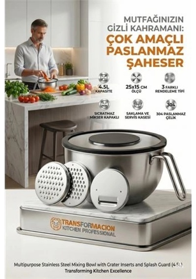 Çok Amaçlı Rendeli Paslanmaz Çelik Karıştırma Kabı - Sıçratmaz Mikser Kapağı Ve Saklama Kasesi 4.5l 723130 Açık
