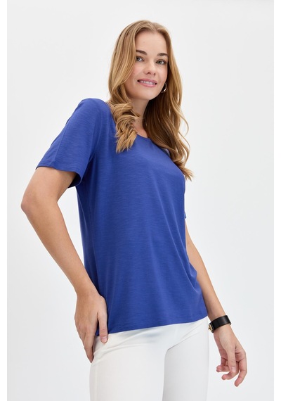 Kadın Sıfır Yaka Flamlı Kumaş Penye Tshirt İndigo Indigo