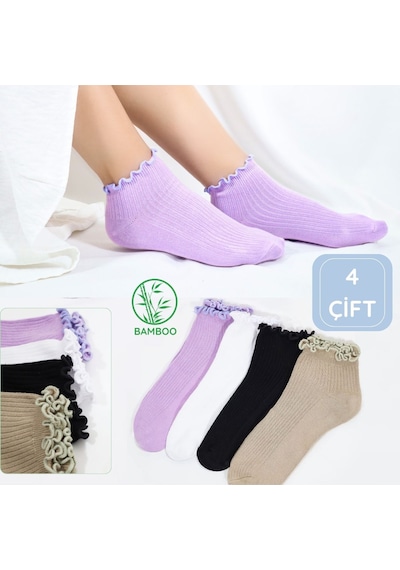 Kral Socks Kadın Bambu Çorap 4 Çift Renkli Fırfırlı Patik Kadın Çorap Çok Renkli