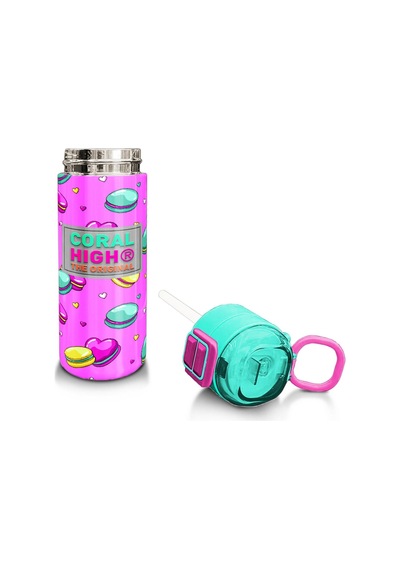 Coral High Kids Açık Pembe Su Yeşili Makaron Desenli Pipetli Ve Direkt İçim Çelik Termos 500 Ml 31912 Pembe - Açık Yeşil