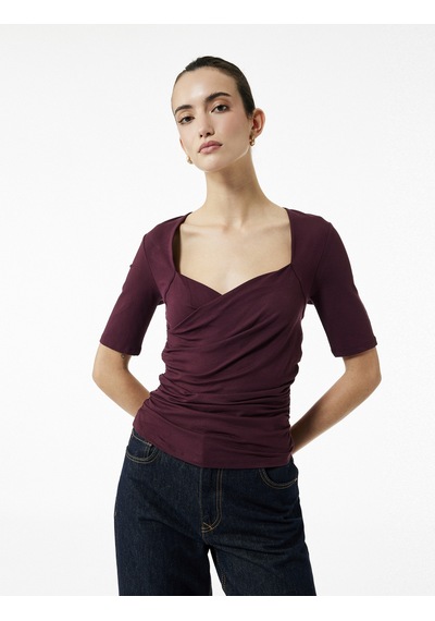 Koton Slim Fit Kısa Kollu Düşük Omuz Kruvaze Bluz Bordo 6wak70023uk Bordo