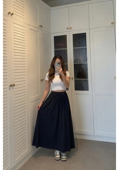Kadın Lacivert Poplin Kumaş Uzun Etek Beli Lastikli Günlük Maxi Etek 90 Cm