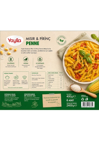 Yayla Glutensiz Mısır & Pirinç Penne Makarna 400 Gr X 6 Lı Avantaj Paketi Vegan