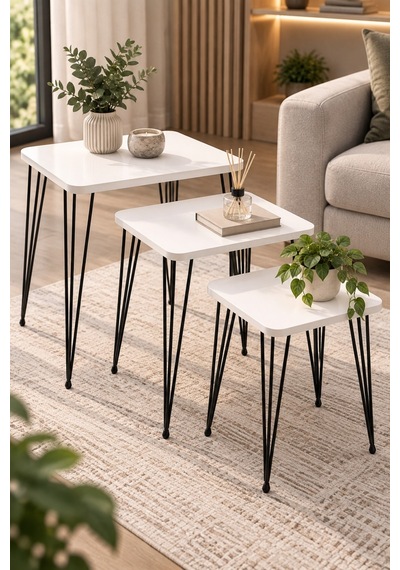 Sulorahome Metal Tel Zigon Sehpa Takımı Beyaz 3'lü