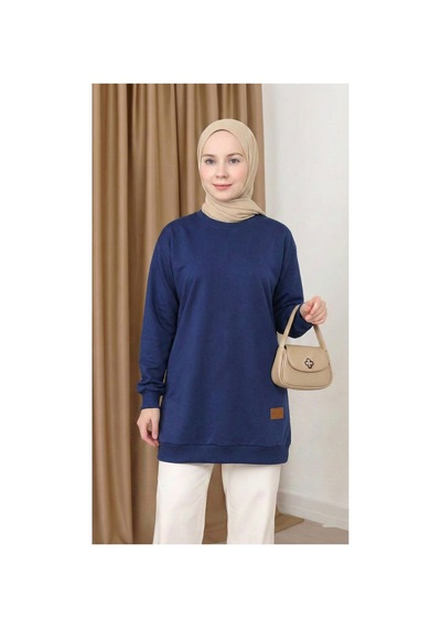 Unika Boutique Kadın Bisiklet Yaka Tesettür Yırtmaçlı Armalı Tunik Sweat Sweatshirt Lacivert