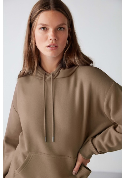 Grımelange Adel Kadın Organik Pamuklu Içi Polarlı Yumuşacık Relaxed  Kanguru Cepli Kapüşonlu Vizon Sweatshirt