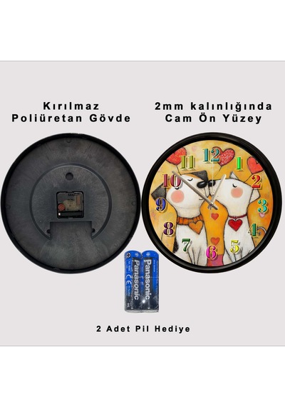 Aşk Temalı Sevimli Köpekler Dekoratif Duvar Saati 28 Cm Sessiz Mekanizma Çok Renkli 66452227