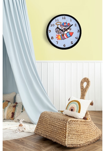 Roket Üstünde Kovboy Rakun Çocuk Odası Duvar Saati - 30cm - Önü Camlı Siyah Kasa - Sessiz Mekanizma-jh0732 Siyah