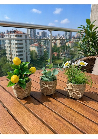 Mini Jüt İpli Saksı Yapay Papatya Limon Okaliptus Seti Dekoratif Şık Masa & Balkon Süsü Çok Renkli