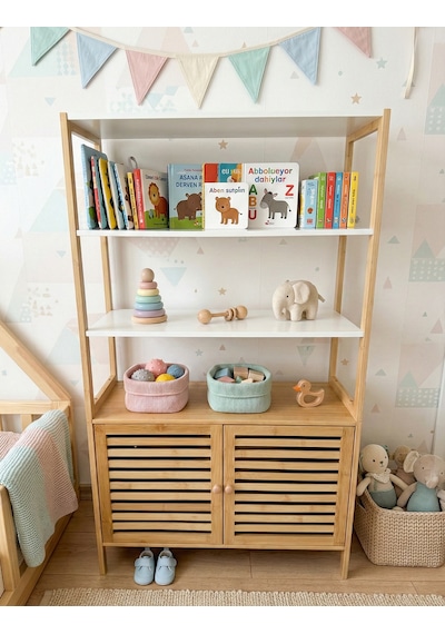 Robin Home Montessori Doğal Bambu Bebek Çocuk Odası Raflı Kapaklı Kitaplık Oyuncak Dolabı Bej