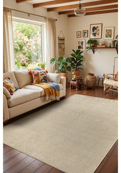 Valerıa Vlr01b Bej Dekoratif Şönil Kilim Modern Desen Yıkanabilir Yumuşak Kaymaz Taban Halı Yolluk