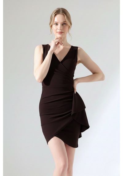 Defymoda Kadın Volanlı Mini Modern Tasarım Elbise Kahverengi
