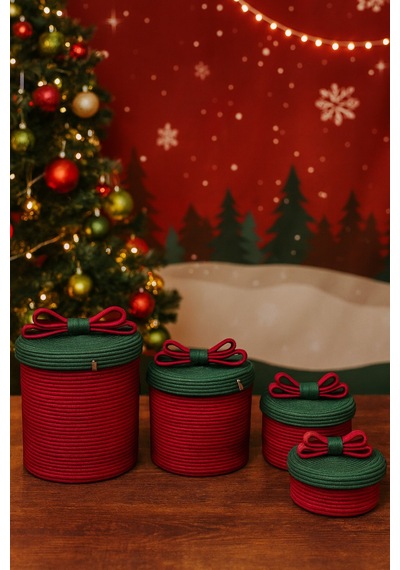 Mavaux Christmas 4 Lü Jüt Halatlı Dekoratif Hediye Sepeti Seti Kırmızı Yeşil Noel Sepeti Çok Renkli 4'lü