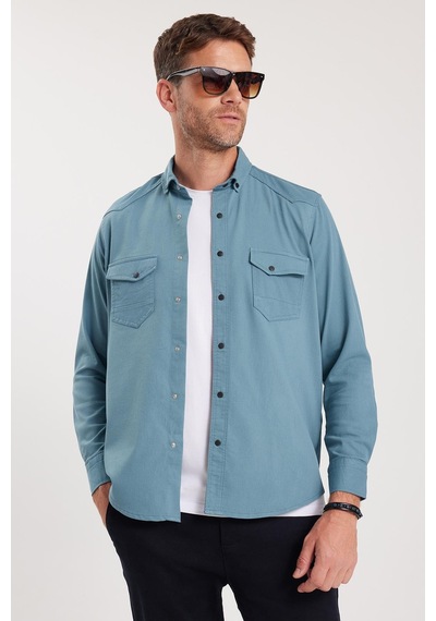 Tudors Erkek Regular Fit Rahat Kesim Çift Cepli Spor Yaka Denim Petrol Gömlek-36858 Petrol