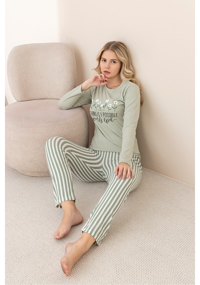 Rindahomewear Kadın Çiçek Baskılı Süprem Uzun Kol Pijama Takımı Yeşil
