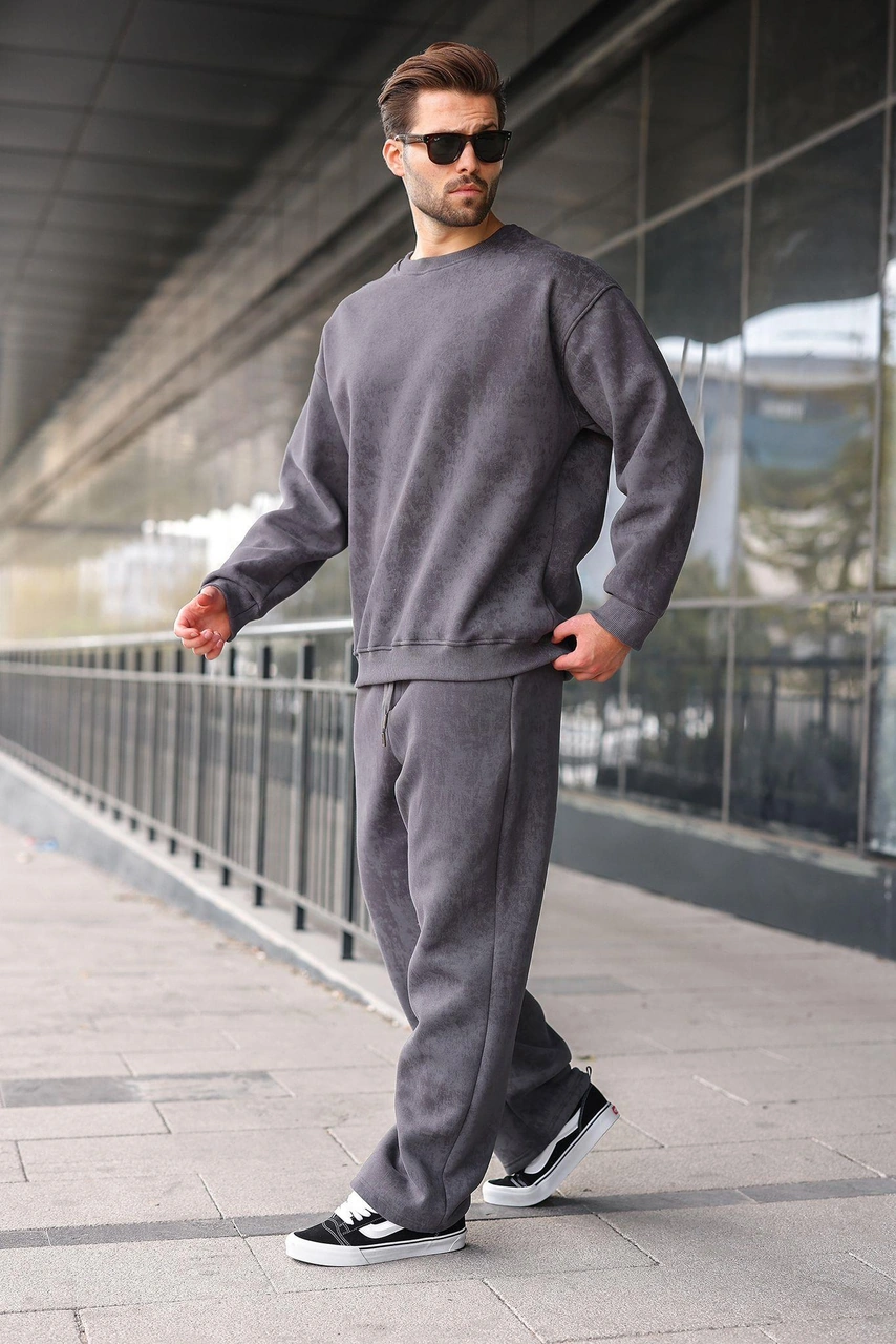 Madmext Füme Bisiklet Yaka Batik Desenli Erkek Sweatshirt Pantolon Takım E7344 Füme