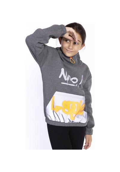 Toontoy Kız Çocuk Bol Yaka Reklektörlü Kanguru Cepli Sweatshirt Antrasit Melanj