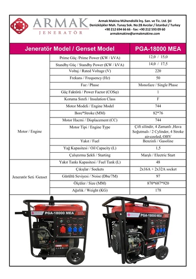 Armak PGA-18000 MEA 17.5Kva Monofaze Benzinli Portatif Jeneratör