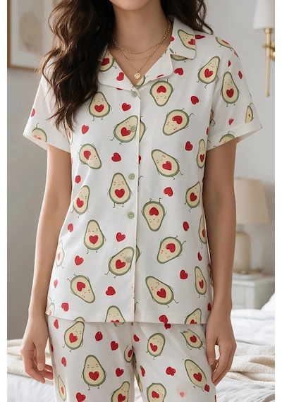 Findit Avokado Desenli Kısa Kollu Gömlek Yaka Milan Kumaş Kadın Pijama Takımı Renkli