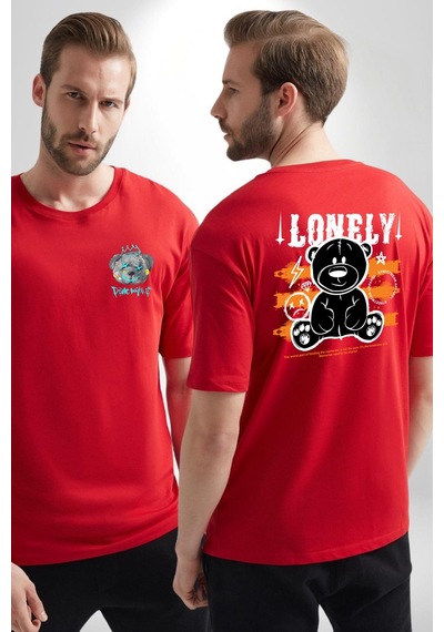 Yalnız Kırmızı Oversize Unisex Ön Ve Sırt Baskılı Tişört Kırmızı