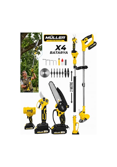 Pro Müller Profesyonel 5'li Set Şarjlı Makas Testere Yaprak Üfleme Çim Biçme Ve Teleskopik Set