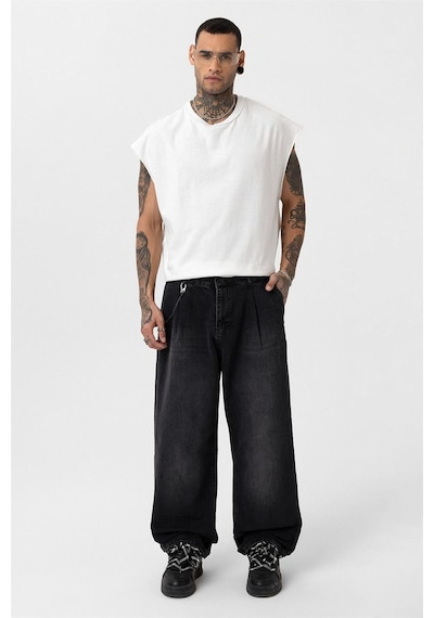 Vamos Pileli Zincir Detaylı Baggy Jean Antrasit