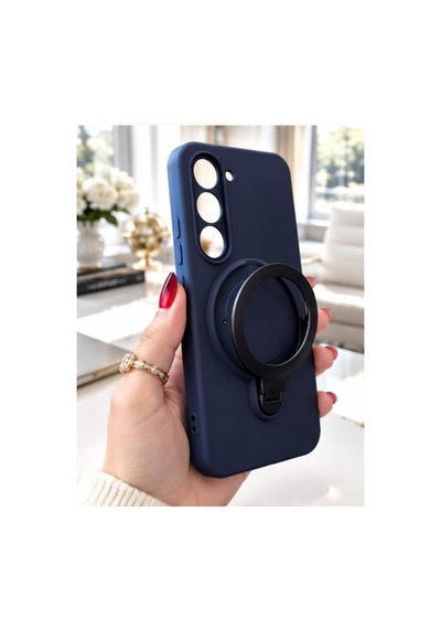 Tecno Spark 40 Pro İle Uyumlu 360 Derece Dönebilen Kalın Metal Magsafe Halka Stantlı İçi Kadife Korumalı Ultra Lüx Premium Silikon Kılıf Lacivert