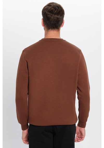 Tudors Unisex Oversize Geniş Kesim Pamuklu Yumuşak Dokulu Polarlı Basic Kahverengi Bisiklet Yaka Sweatshirt-31940 Kahverengi