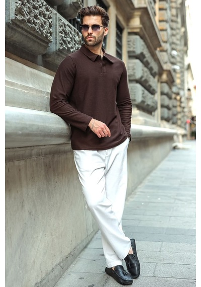 Madmext Acı Kahve Gömlek Yaka Dokulu Regular Fit Erkek Sweatshirt E7203 Acı Kahverengi