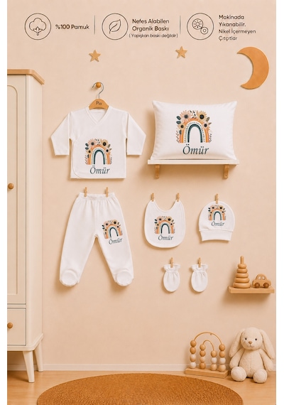 Pia Baby İsme Özel Kız Bebek %100 Pamuk Zıbın Şapka Önlük Eldiven Ve Yastık Kılıfı Hediyelik Set 1004yz0x Ekru