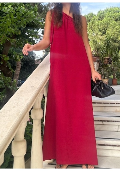 Lasorella Butik Kadın Bordo Tek Omuz Uzun Elbise Bordo