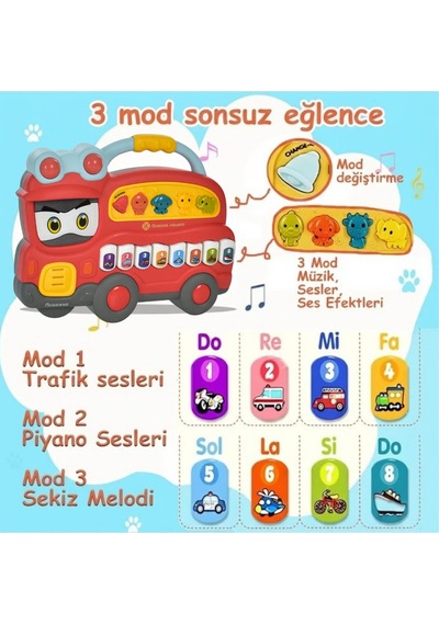 Eğitici Müzikli Işıklı Piyano Otobüs - Hayvan Sesli Ve Notalı Bebek Aktivite Oyuncağı Kırmızı