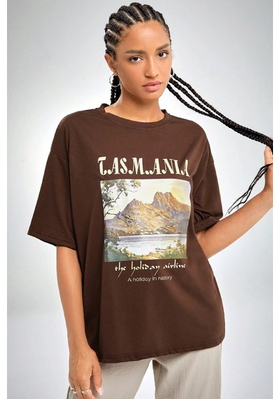 Sırt Baskılı Tasarım Tshirt Kahverengi
